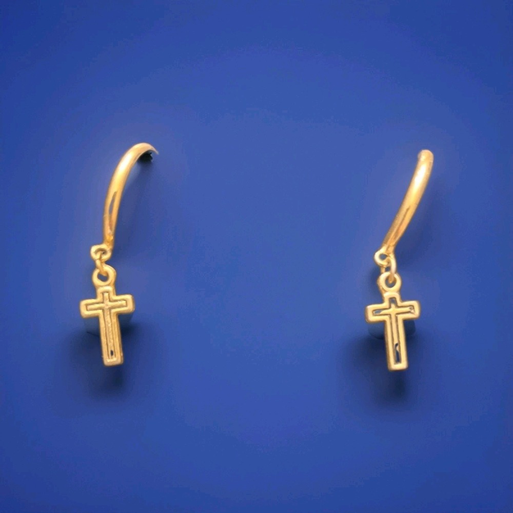 Golden Color Earrings Open Hoops with‎ Small Cross With Metal And Plastic Back